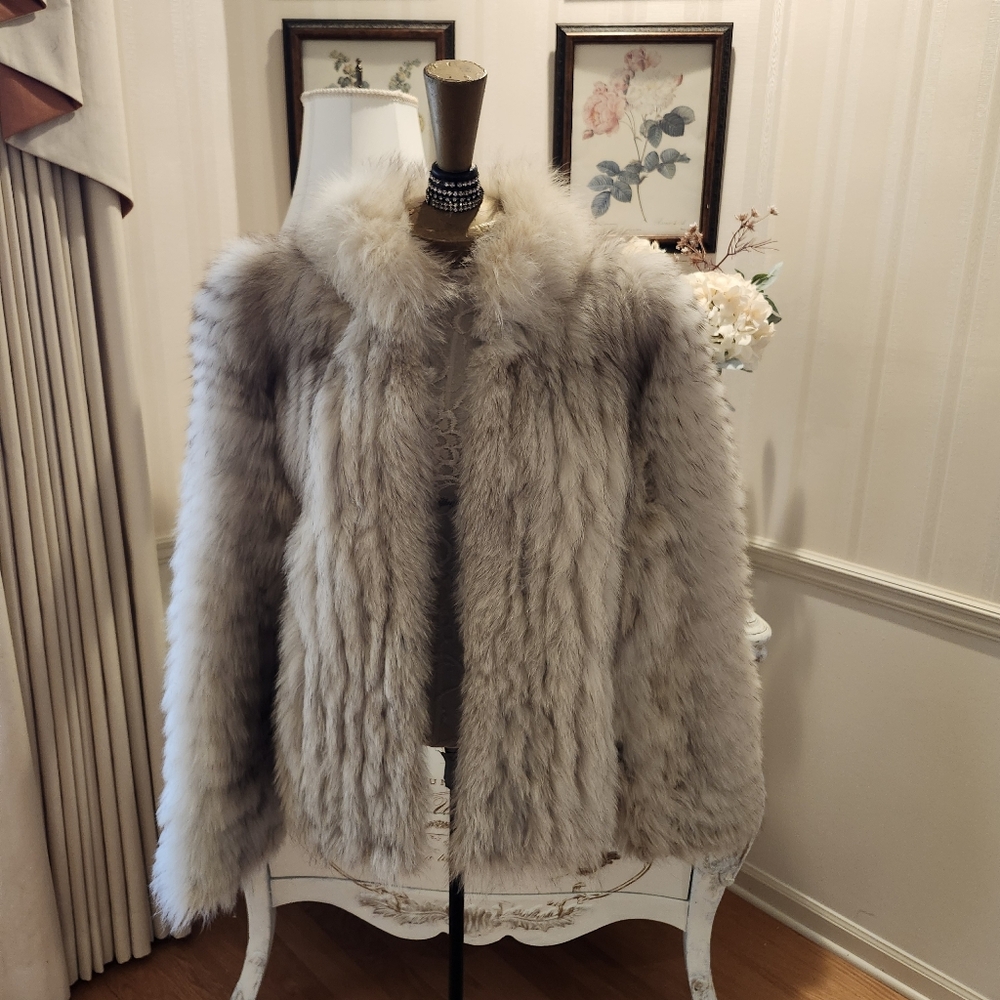 Vintage Saga Fox Silver Fur Jacket Coat Rock Star Glam L